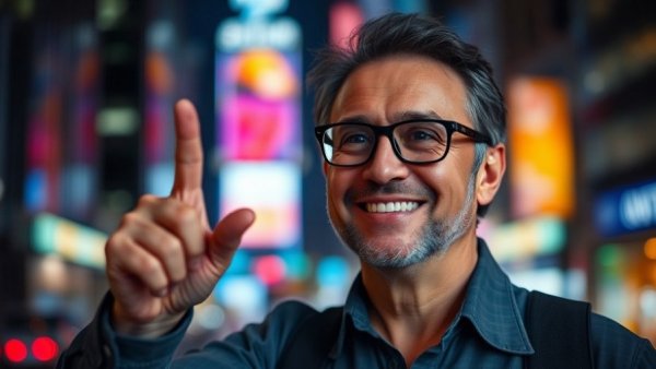 Smiling middle-aged man in glasses pointing, how to get promoted when you work remotely.