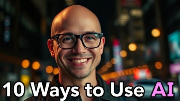 A man smiling with text about AI in a graphic design setting.