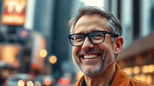 AI for small business concept featuring a smiling man with bright glasses.