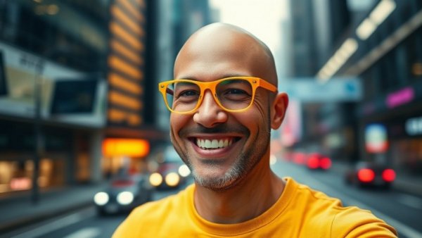 Confident man promoting 'Transform your career as a designer', futuristic cityscape.