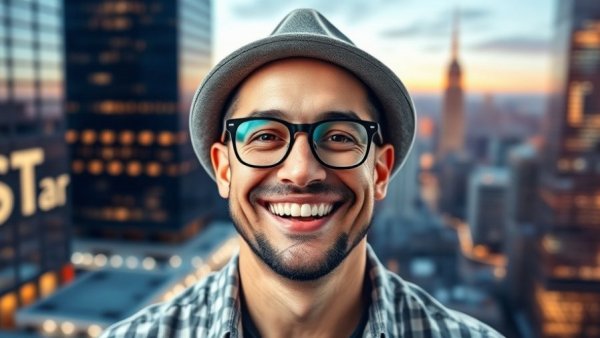 Man smiling with a digital background, representing local graphic design services.