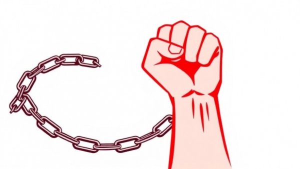 Graphic red fist breaking chains, symbolizing resistance and empowerment.
