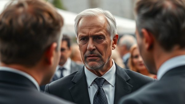 Serious man in black suit at outdoor event, sharp focus, blurred background.