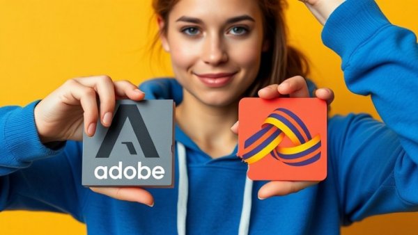 Adobe vs Affinity graphic design split logos held by woman in blue hoodie.