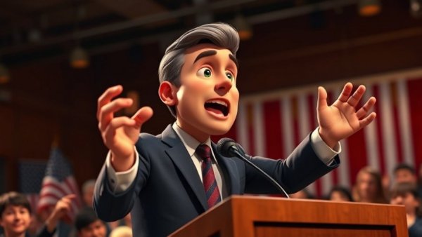 Animated political speaker gesturing during speech, American flags behind.