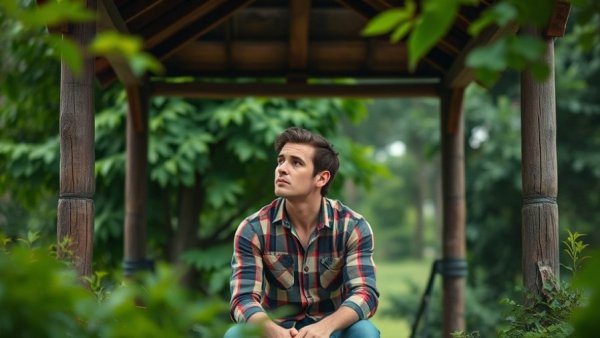 Contemplative scene under a gazebo in rural setting.