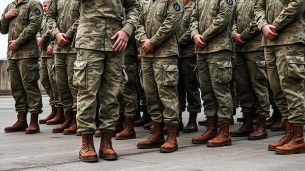 Military personnel in formation with camouflage uniforms on concrete.