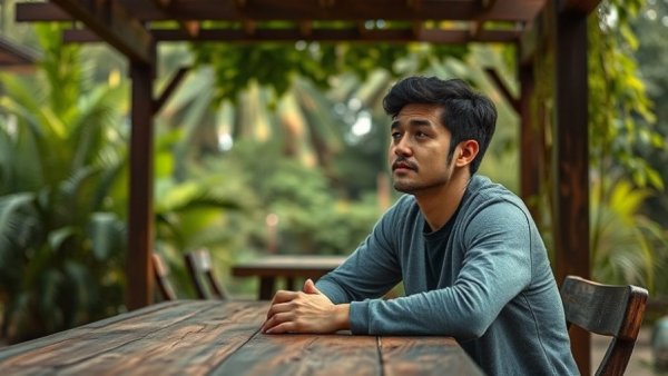 Reflective person in a rustic outdoor setting, living on a farm.