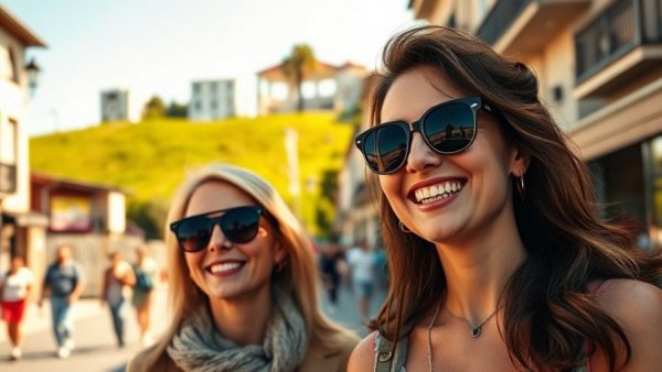 Two women in sunglasses smiling together outdoors on a sunny day.