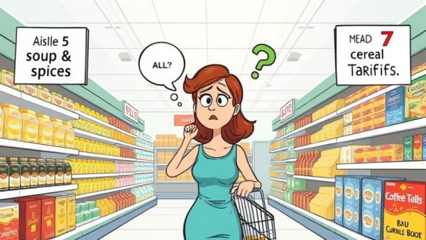 Cartoon of shopper in store with tariff signs; Supreme Court tariffs ruling.