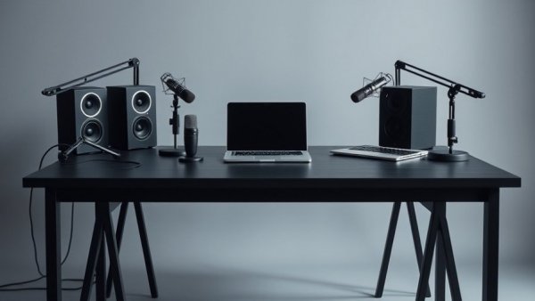 Room Temp podcast studio setup with microphones and laptop.