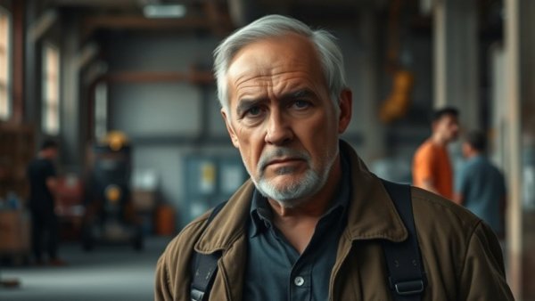 Serious older man in an industrial setting, reflecting on tariffs.