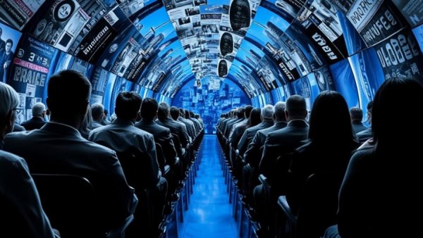 Surreal monochrome group collage creating tunnel effect.