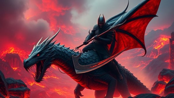 Dark fantasy art depicting a knight on a dragon in a fiery landscape.