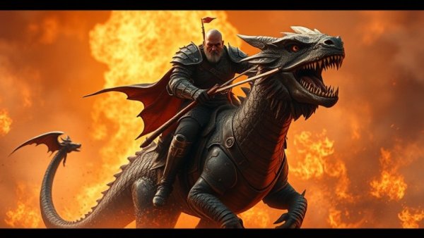 Dramatic fantasy art depicting an armored warrior on a dragon in a fiery setting.