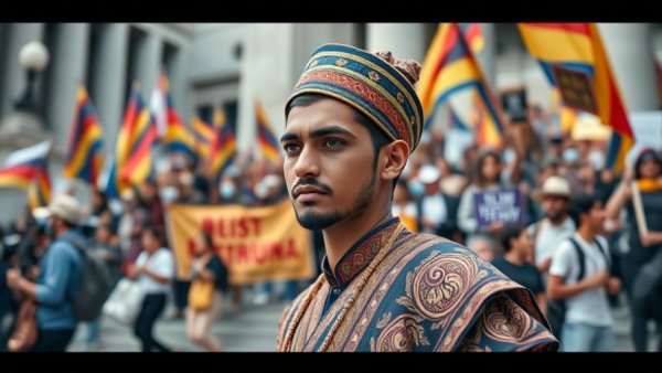 Protest scene near city hall with young man in cultural attire, flags and banners, Mohsen Mahdawi deportation ruling.