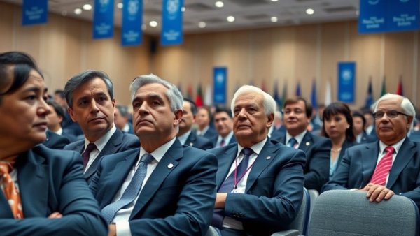 Trump's Board of Peace Gaza conference with leaders and blue banners.