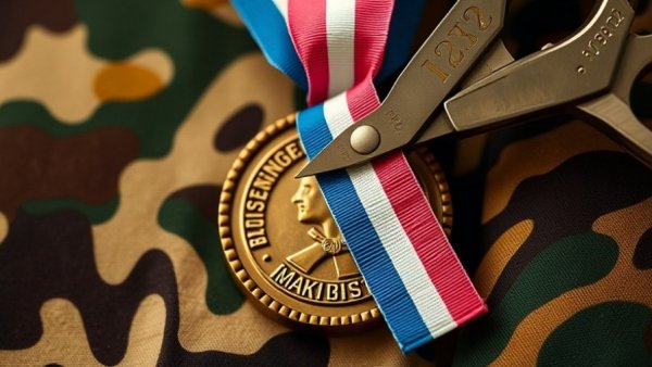 Military medal with transgender pride ribbon being cut, symbolizing ban.