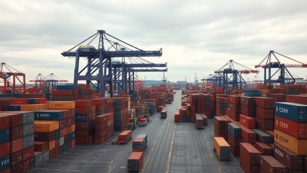 Expansive shipping yard with containers and cranes related to Supreme Court tariffs refunds.