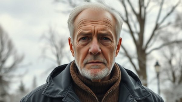 Elderly man outdoors in winter setting, serious expression.