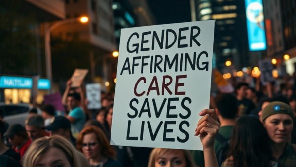 Sign advocating for gender affirming care at a night protest, emphasizing transgender healthcare access.