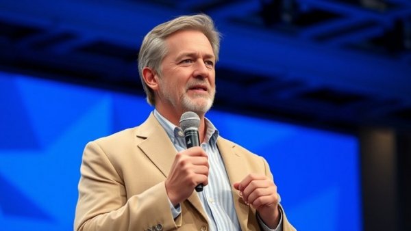 Man in tan blazer speaks into a microphone on stage.