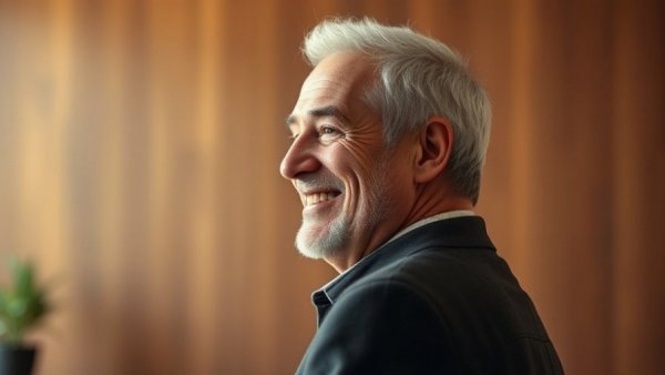 Portrait of smiling man in suit, warm indoor setting.