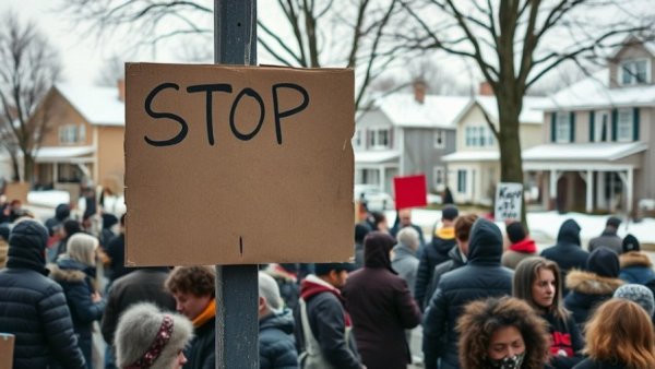 Protest scene with posters and people in snow, highlighting consequences.