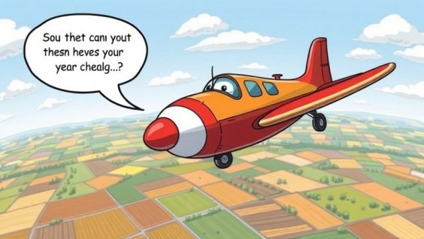 Cartoon of airplane over farmland with sarcastic speech bubble, humorously commenting on Dow Jones.
