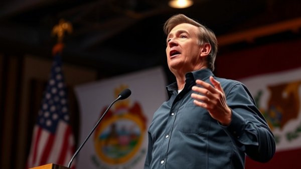 Speech scene with male figure and flags, Trump revokes endorsement GOP congressman