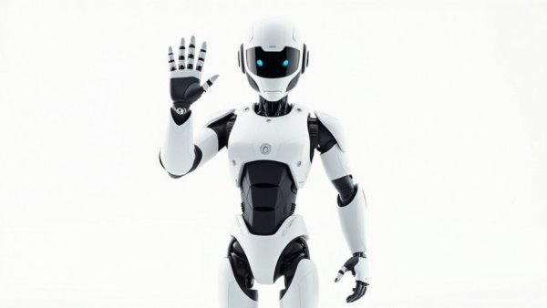 Advanced humanoid robot with teal torso in manufacturing setting, waving.
