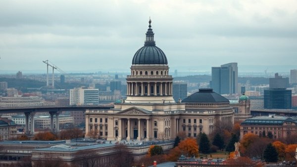 Urban skyline with government building highlighting Canada national unity poll 2026 atmosphere.