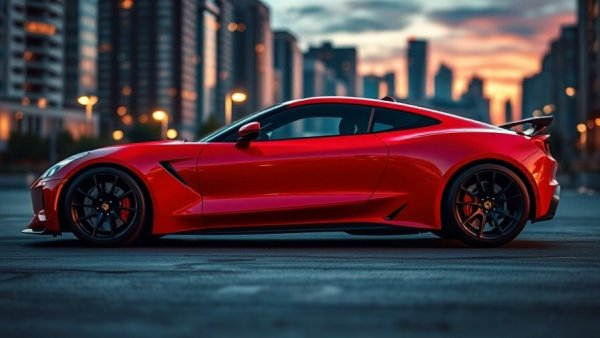 Award winning web design concept with vibrant red sports car in urban twilight.