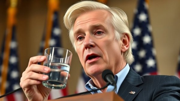 Older male at podium drinking, Trump Cult Narrative.