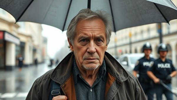 Older man under umbrella, city street scene with police, Gallup stops tracking presidential approval ratings.