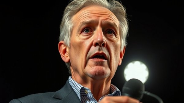Elderly male speaker giving a speech, dark background.