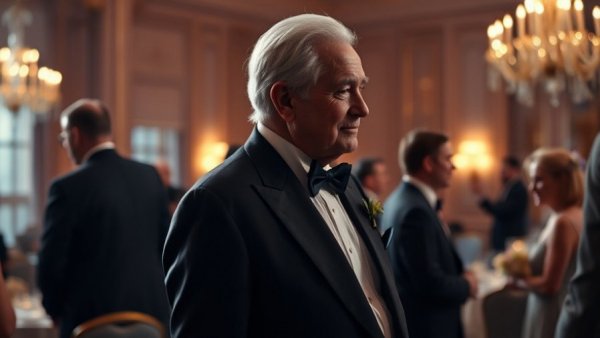 Elderly man in tuxedo interacting at luxurious event, Trump DOJ Banner.