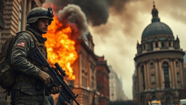Soldier in front of burning building, illustrating terrorism links.