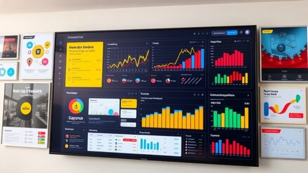 Logo governance digital design dashboard with colorful posters.