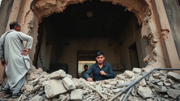 Scene of ongoing conflict in Gaza with damaged building.