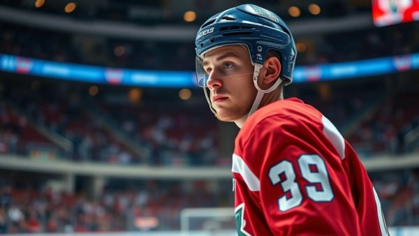 Olympic hockey player in red jersey looking focused, blue helmet.