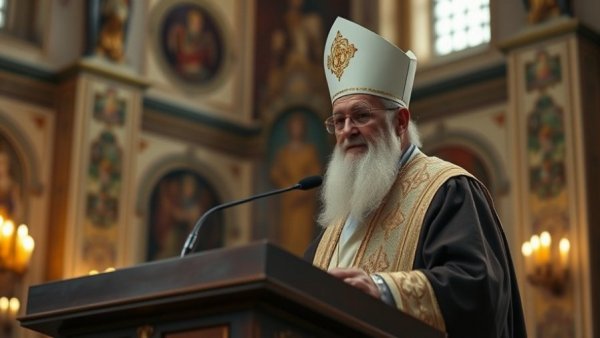 Religious leader speaks on podium, LGBTQ+ rights news focus.