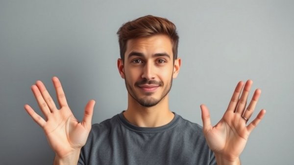 Confident young man raising hands, neutral background