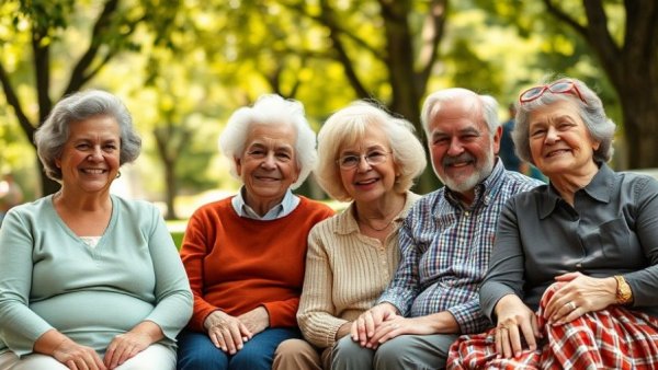 Elderly friends enjoying a sunny park scene, relaxed.