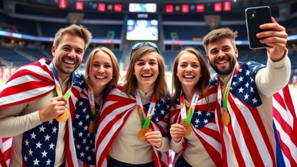 Athletes with medals and flags celebrate on ice, showcasing Olympics meaning and cultural significance.
