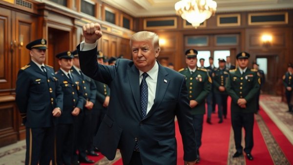 Prominent figure with raised fist and military, Trump Policies Threatening Freedom context.