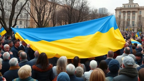 Ukraine War Four Year Commemoration event with people holding a Ukrainian flag outdoors.