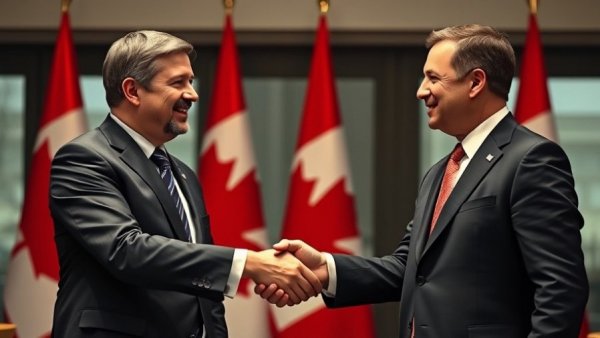 Formal handshake between two men at Canada international relations event.