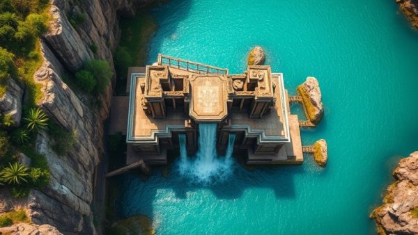 Ancient ruin with cascading waters in vibrant scenery.