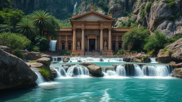 Cinematic lighting in a grand architectural waterfall scene.